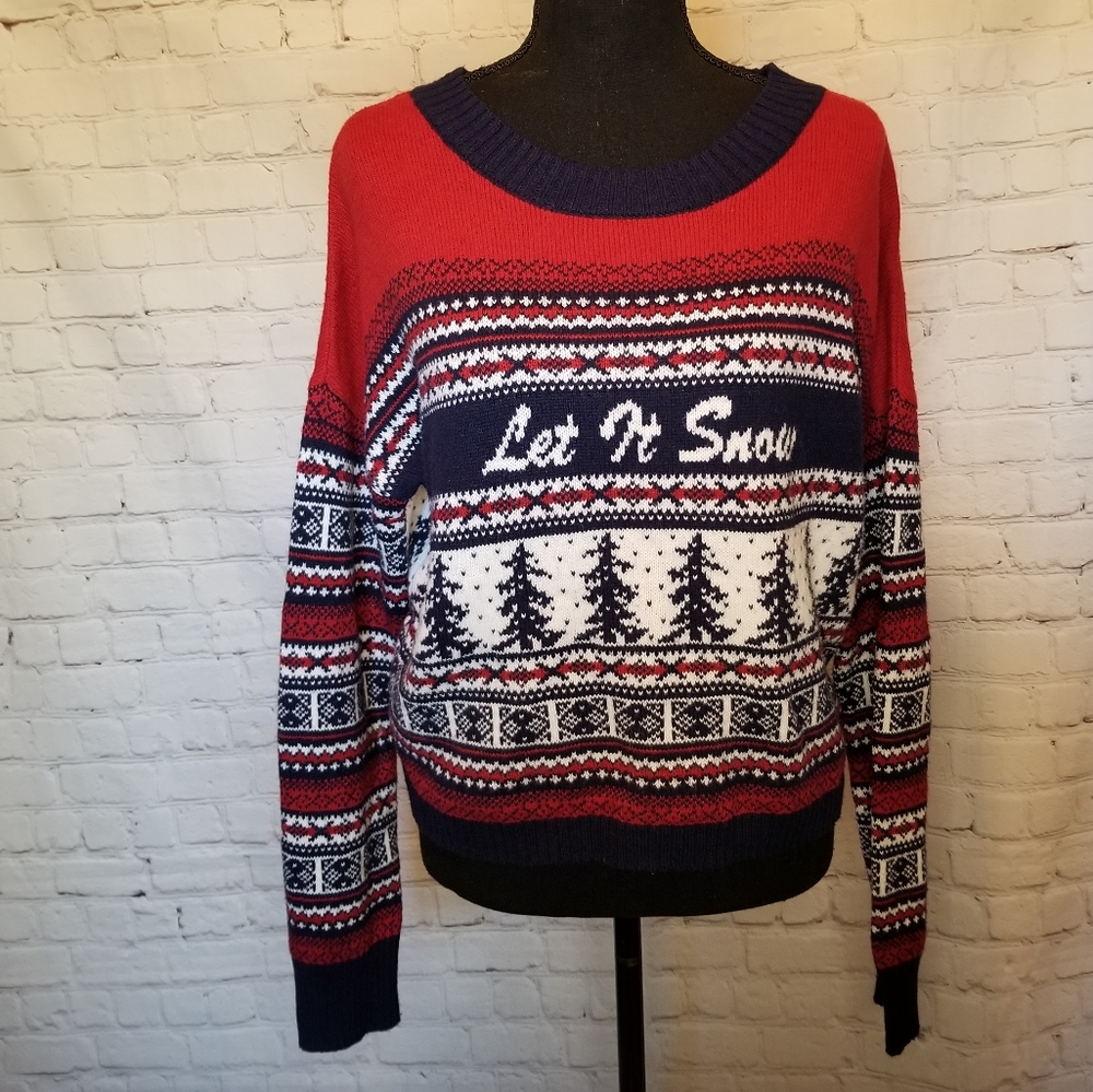 Ruby Moon L fair isles Let it Snow red sweater